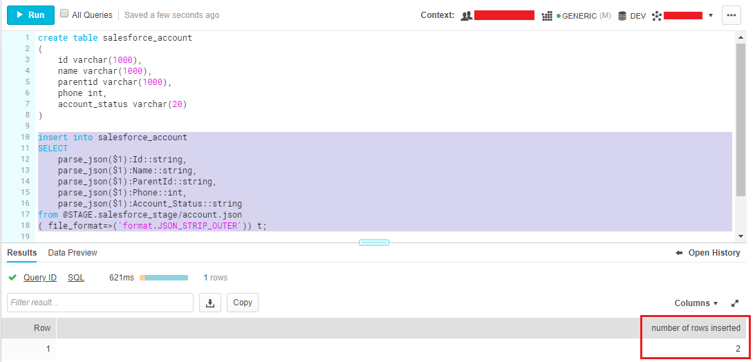 Salesforce to Snowflake: Table Creation and Insert Query